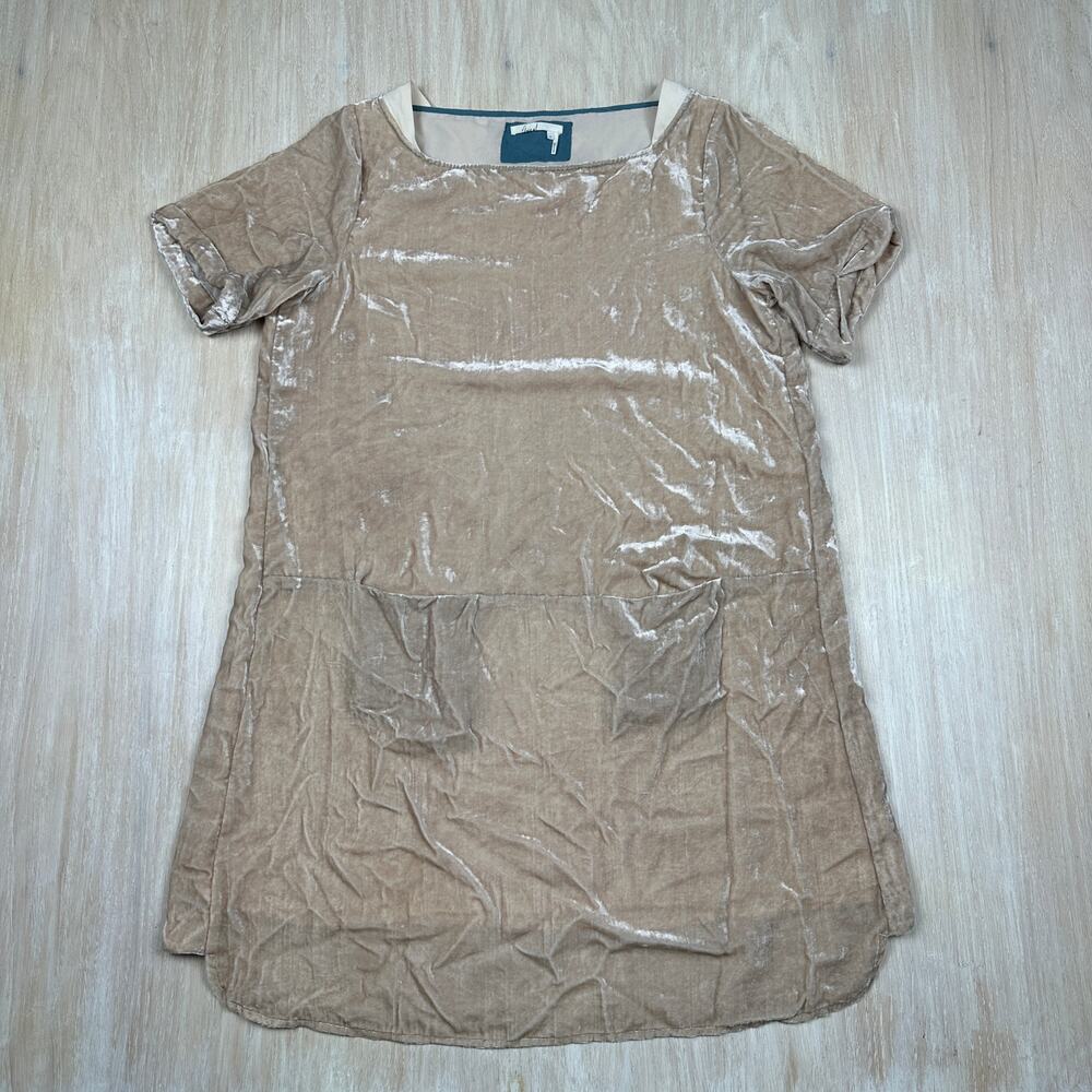 Anthropologie Floreat Champagne Crinkled Velvet Shift Boho Lounge Dress Medium